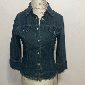 At Last Dark Blue Button Down Shirt Vintage missing button